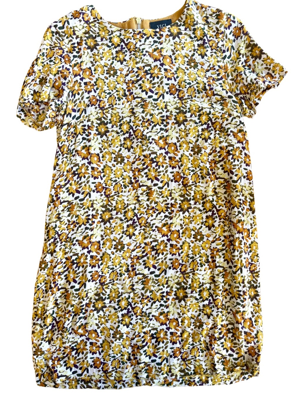 VICI Women’s Medium Floral Short-Sleeve Shift Dress in Mustard